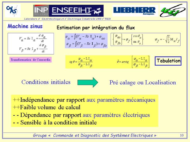 10 Machine sinus Estimation par intégration du flux  Conditions initiales   